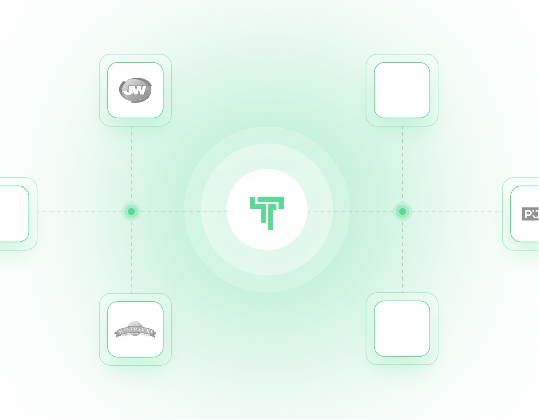 Abstract green circular gradient shapes overlapping with white grid lines on a black background.