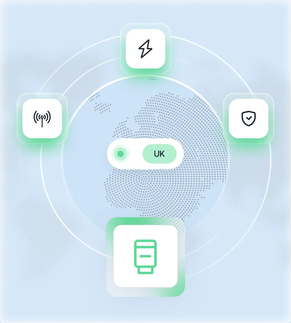 Dotted map of the UK surrounded by icons symbolizing energy, antenna signal, shield protection, and a server with a toggle switch set to UK.