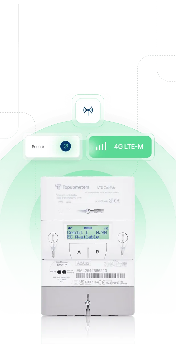 Topupmeters LTE Cat-1bis electricity meter displaying prepaid credit of £0.90, with icons indicating secure 4G LTE-M connectivity.