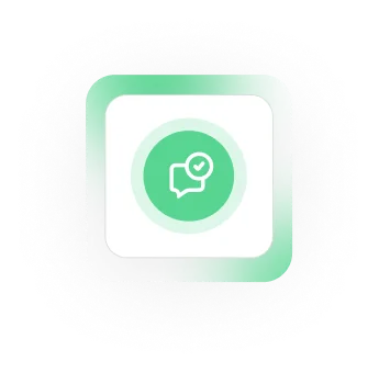 Icon of a chat bubble with a checkmark inside, on a rounded square background with green and white colors.