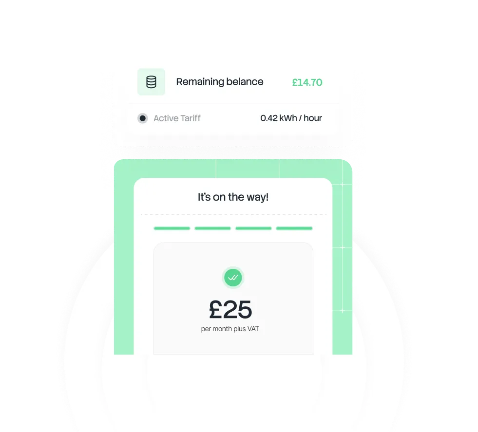 User interface showing remaining balance of £14.70 with live consumption of 0.42 kWh per hour, and a thank you message for topping up £56 per month plus VAT.
