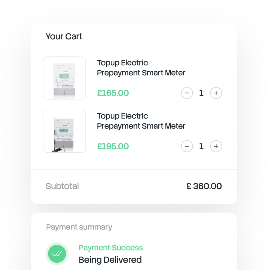 Shopping cart displaying two Topup Electric Prepayment Smart Meters priced at £165.00 and £195.00 with subtotal £360.00, and a payment success message saying Thanks for topping up!