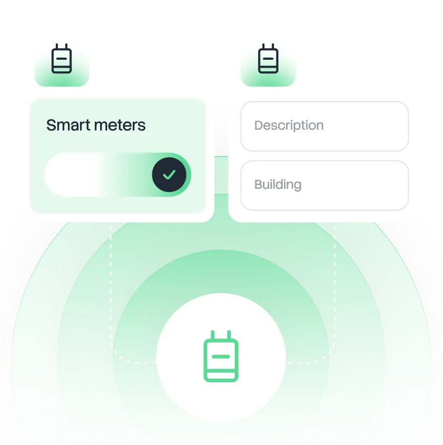 User interface showing smart meters toggle activated and input fields for description and building connected to a central meter icon.