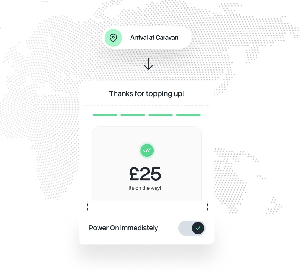 User interface showing successful payment of £56 per month plus VAT with option to power on immediately, over a dotted map background.