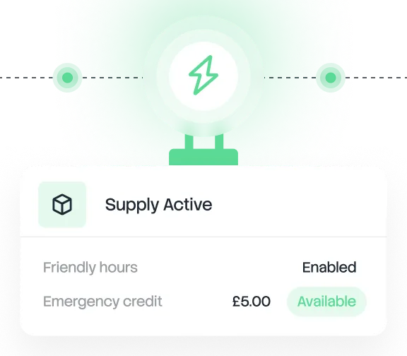 User interface card showing Supply Active status with icon, Friendly hours enabled, and Emergency credit of £0.245 available.