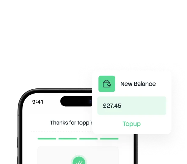 Smartphone screen showing a balance card with a wallet icon, £20.00 balance, and a green 'Top up' button.