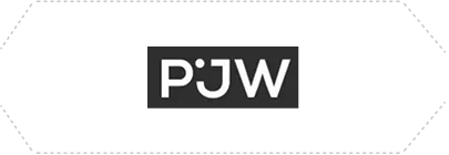 PJW logo with stylized letters on a black rectangular background.
