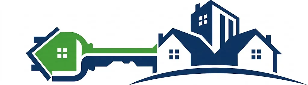 Logo featuring a green key with a house-shaped head pointing to a group of blue houses and buildings on a curved base.