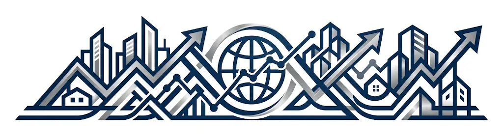 Stylized graphic of rising arrows integrated with buildings, houses, and a globe, symbolizing growth in global real estate or assets.