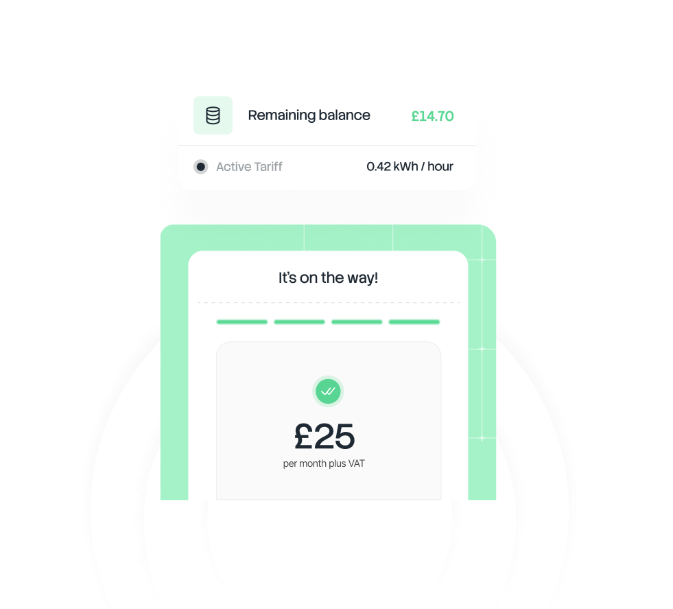 User interface showing remaining balance of £14.70 with live consumption of 0.42 kWh per hour, and a thank you message for topping up £56 per month plus VAT.