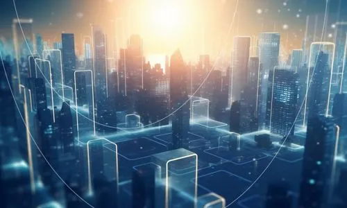 Futuristic cityscape at sunrise with digital outlines and network connections symbolizing smart city technology.
