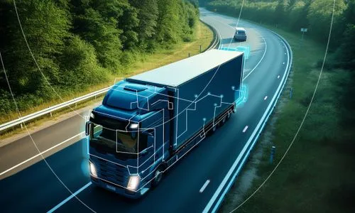 Blue semi-truck driving on a highway surrounded by green trees, with digital network graphics overlay symbolizing logistics technology.