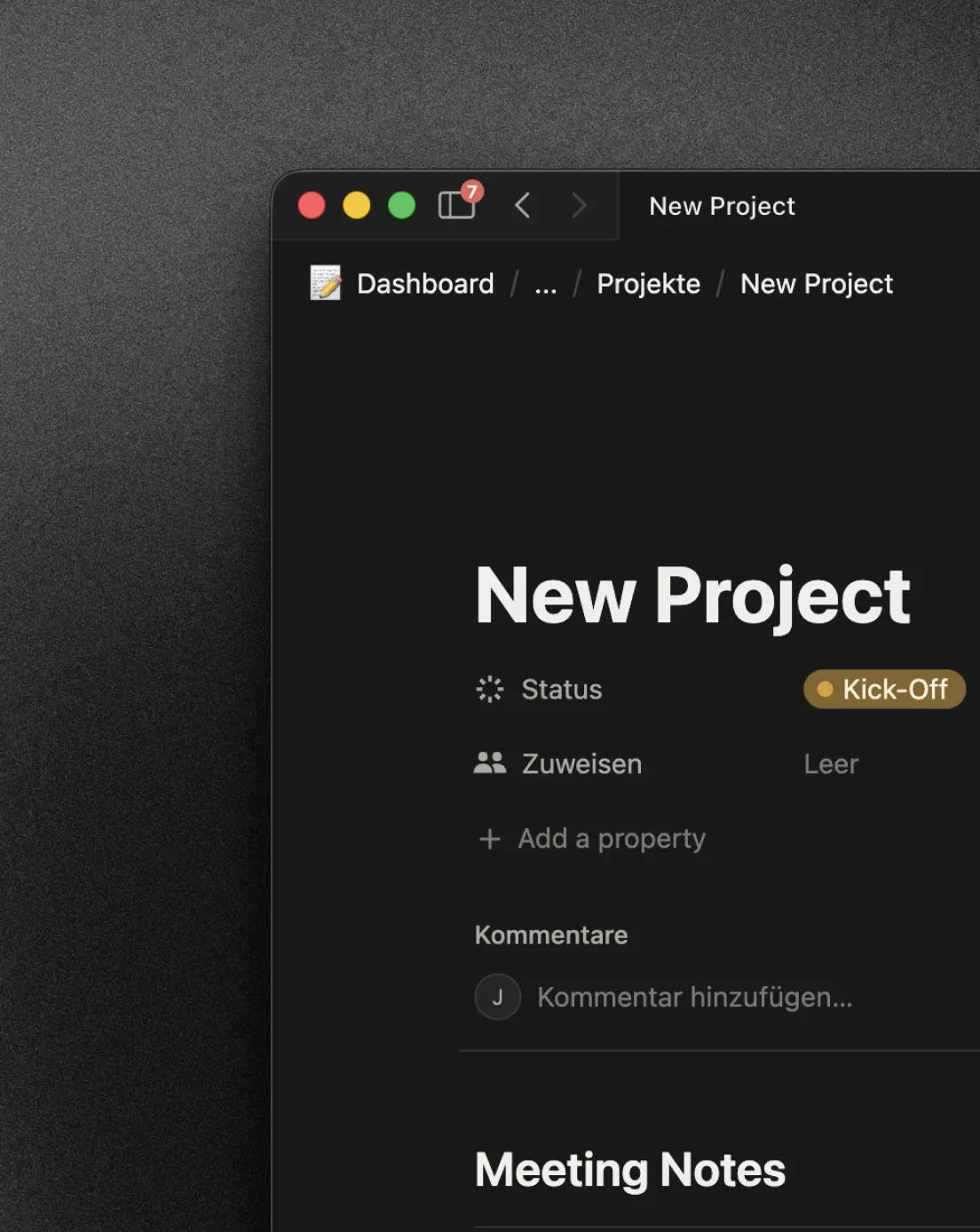 Screenshot of a dark theme project management interface showing a New Project page with status marked as Kick-Off, assignment section empty, and a comment input area.