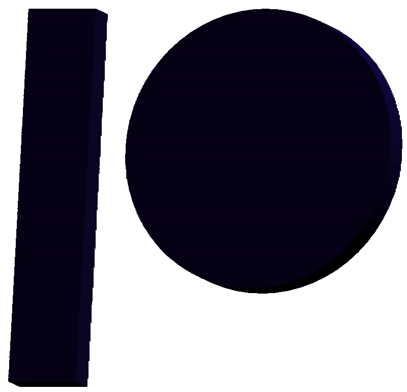 Dark 3D shapes consisting of a vertical rectangular prism on the left and a large circular disc on the right against a dark background.