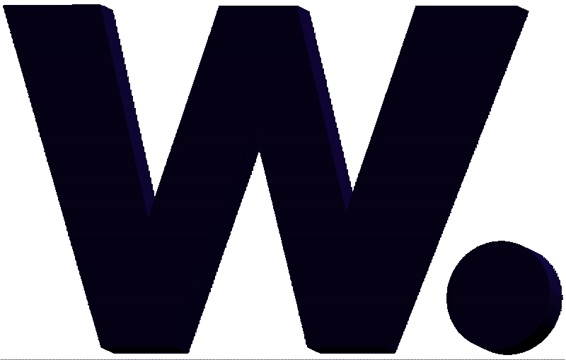 Large black letter 'W' with a black dot to its lower right on a dark background.