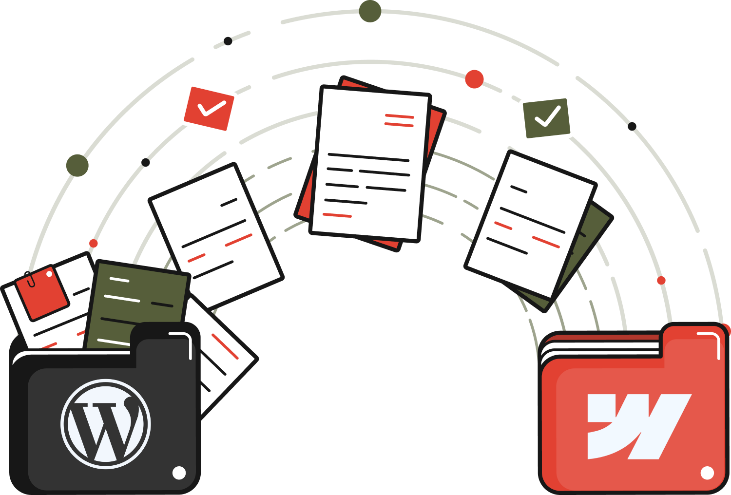 Illustration of documents transferring from a black WordPress folder to a red Webflow folder with checkmarks and curved lines.
