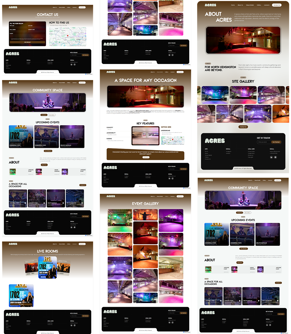 A multi-panel website showcasing Acres event venue including contact information with a map, event and community space details with images, live rooms promotion, an about section with a gallery, key features of the space, event gallery photos, and footer with social media and contact links.