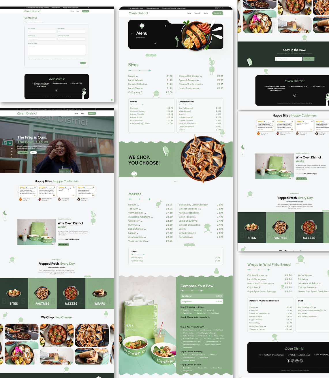 Mockup of Oven District website showing homepage with contact form, menu with food images, customer reviews, how to compose a bowl, and footer contact details.