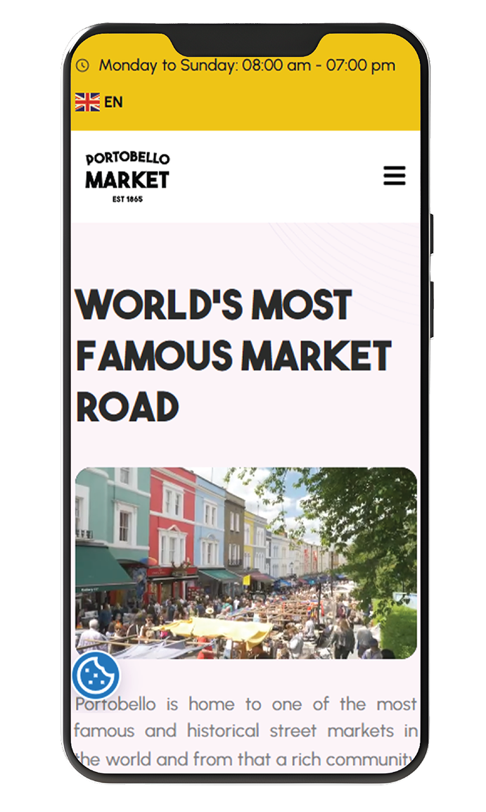 Mobile screen showing Portobello Market website with colorful buildings and a crowded market street photo.