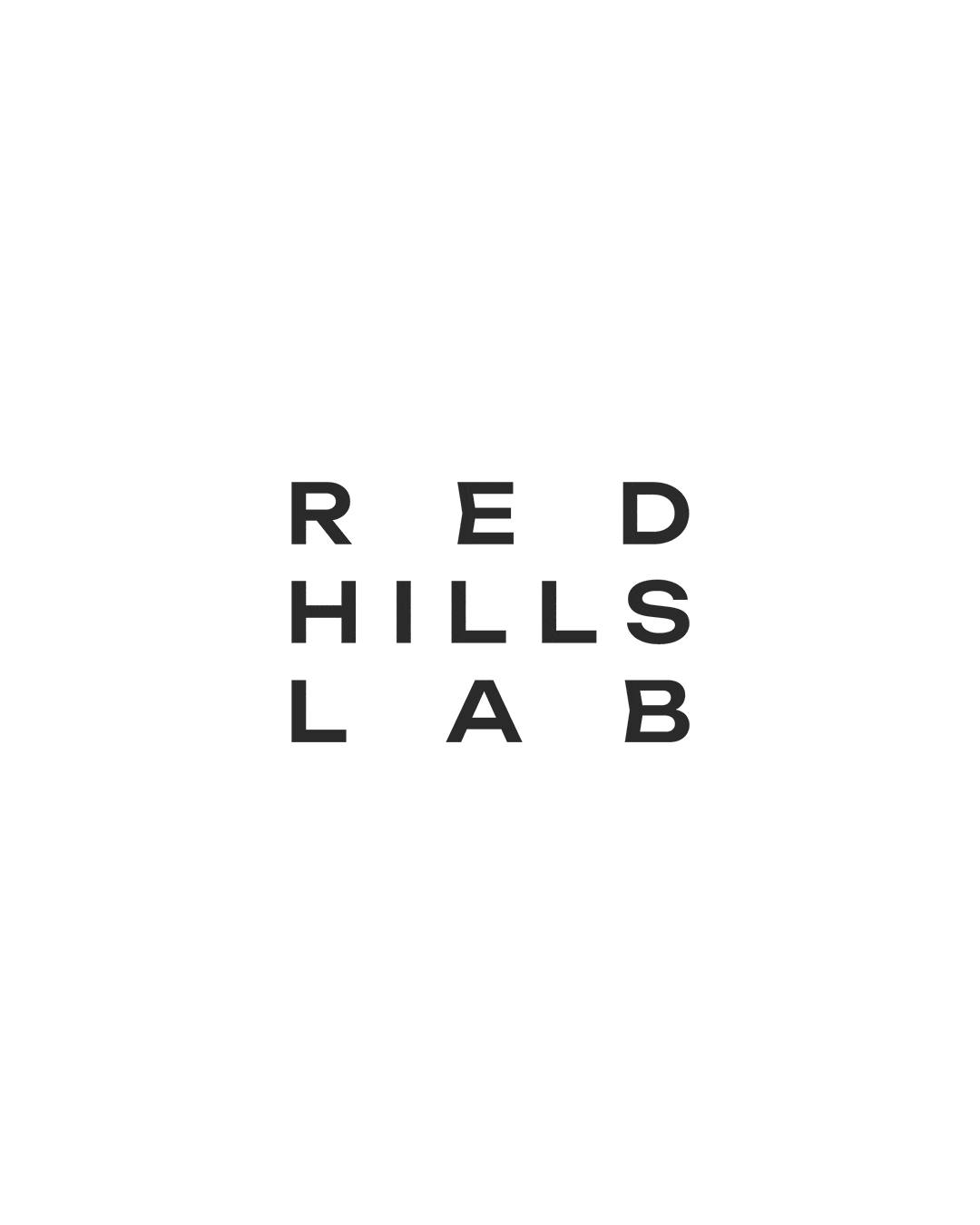 Black text spelling 'RED HILLS LAB' arranged in a grid on a red-orange background.