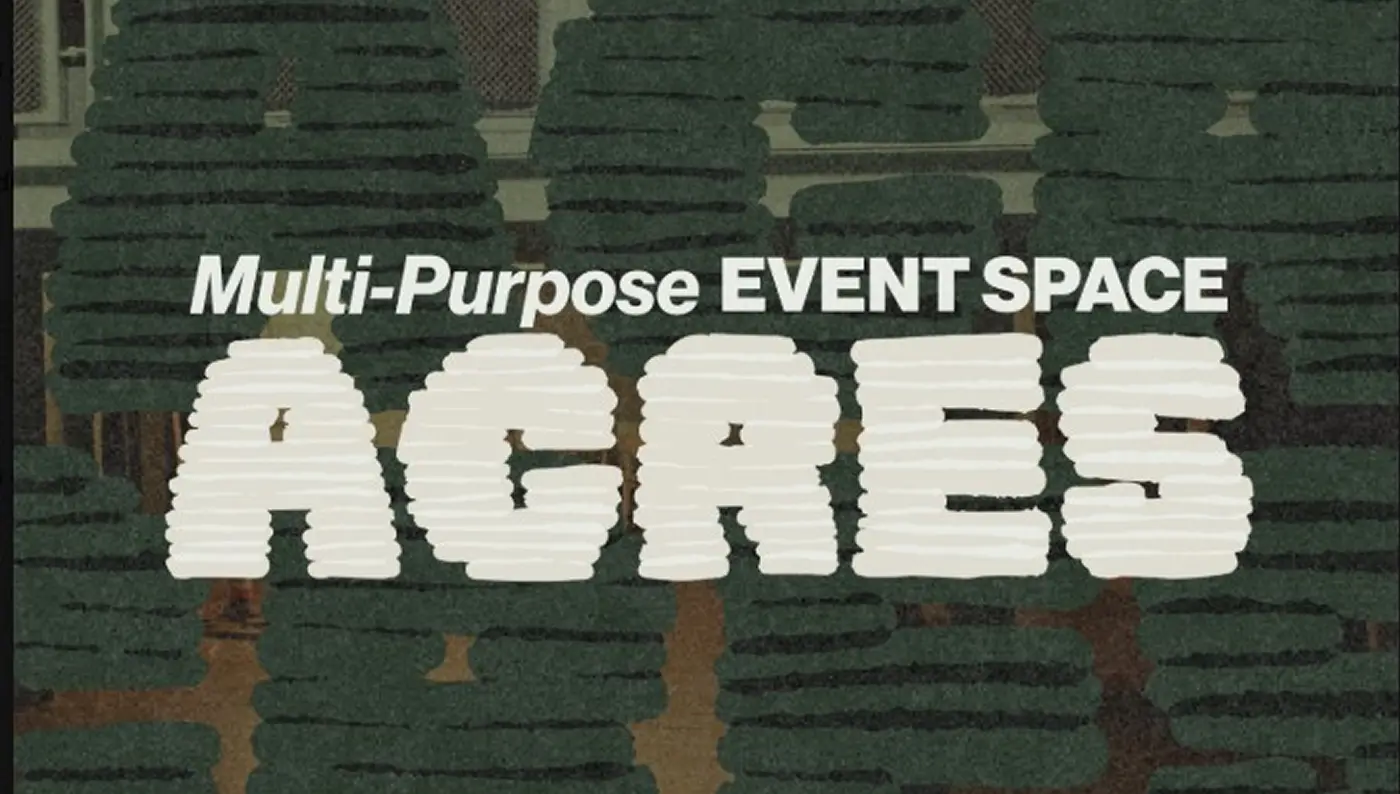 Text reading Multi-Purpose Event Space ACRES over illustration of stylized green trees.