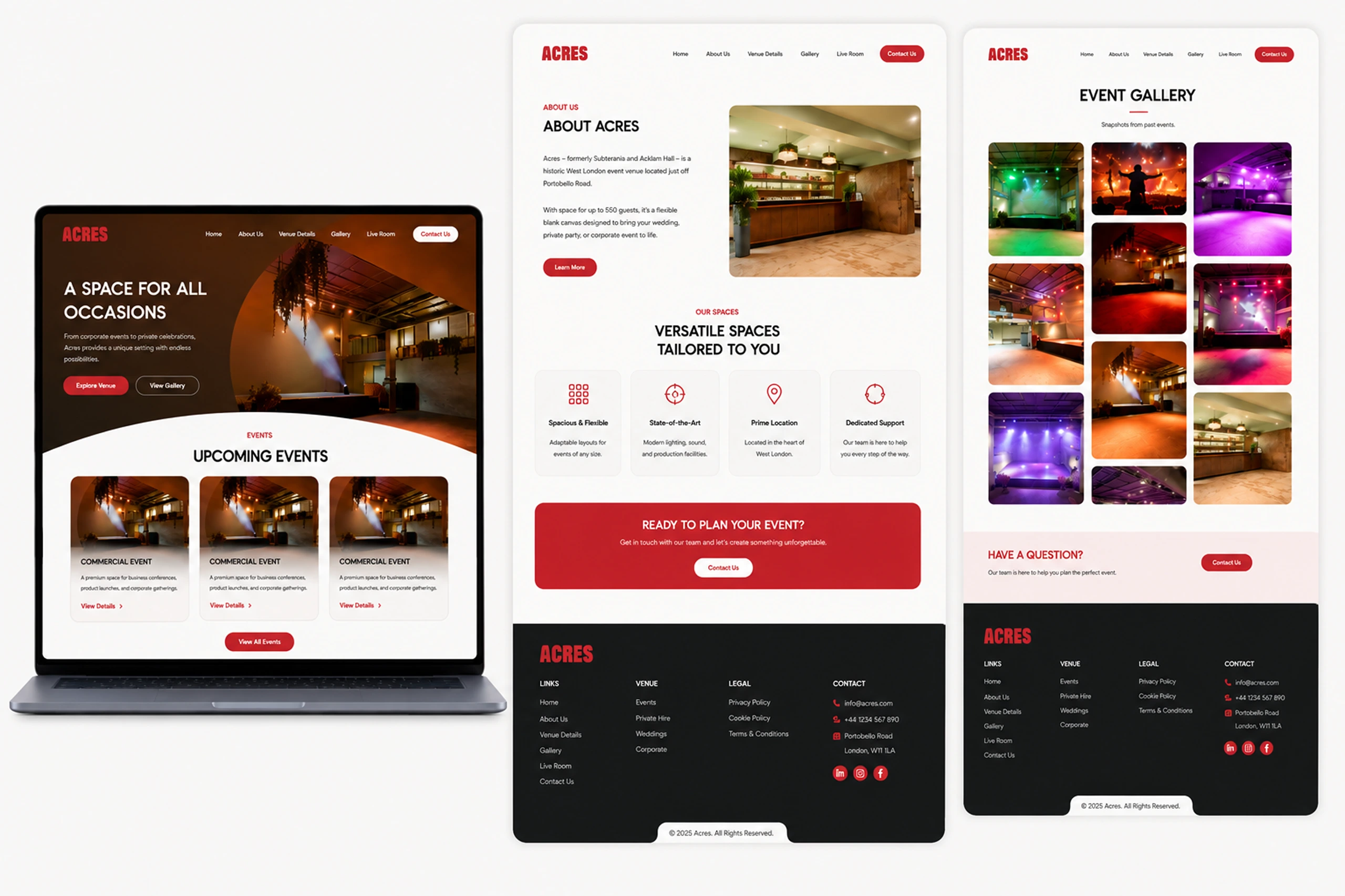 Website UI with event venue details, upcoming events, versatile spaces, and event gallery photos.
