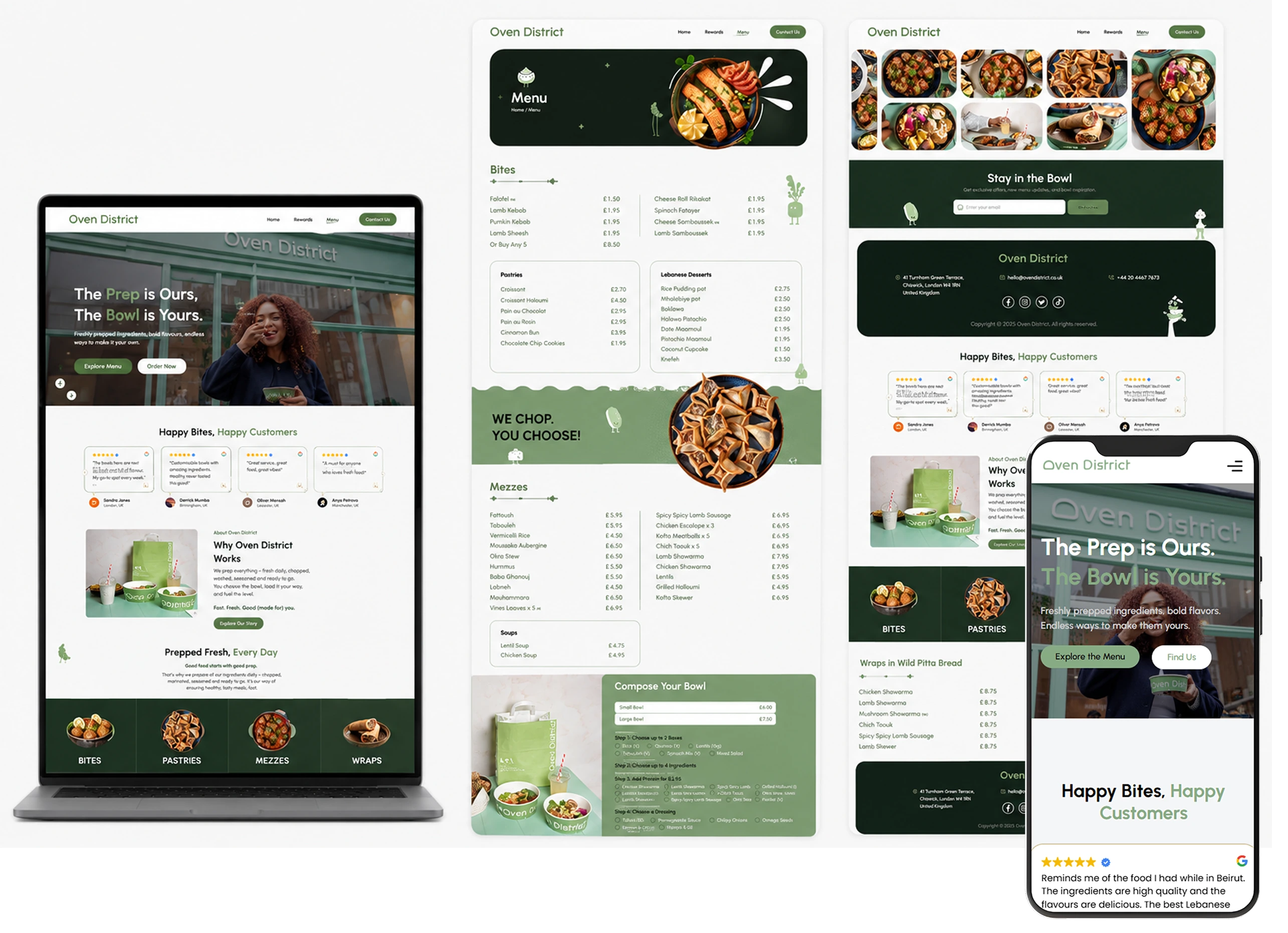 Responsive Oven District website design showing menu, customer reviews, food images, and ordering options.
