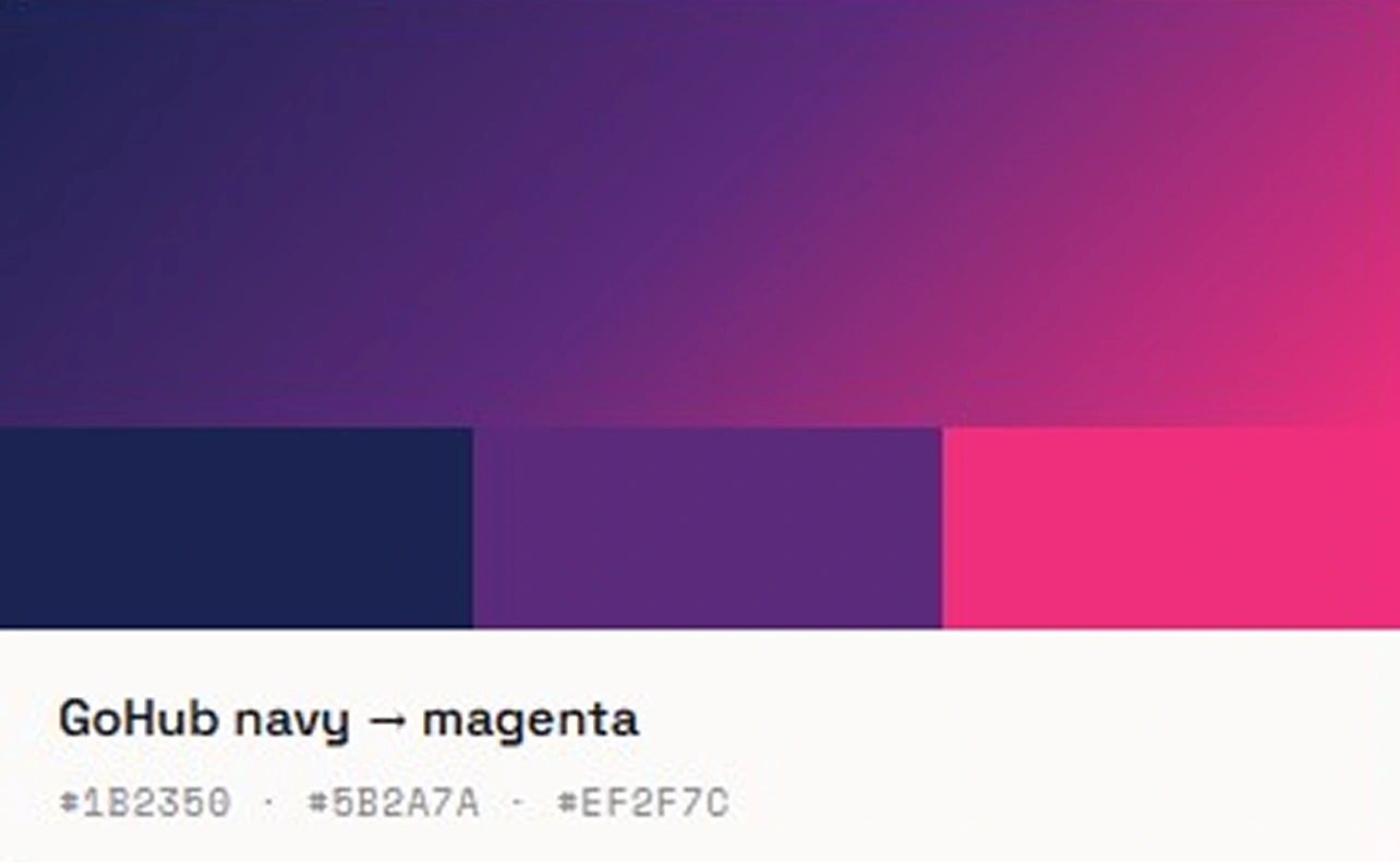 Three color blocks transitioning from navy blue to purple to bright magenta with hex codes below.