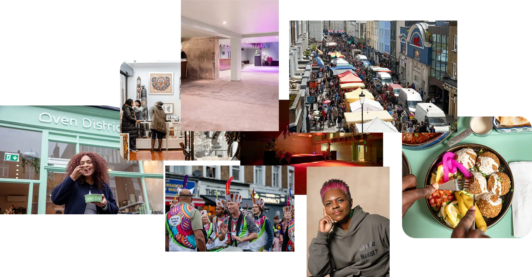 Collage of community scenes including street market, cultural parade, food, gallery, and portraits.