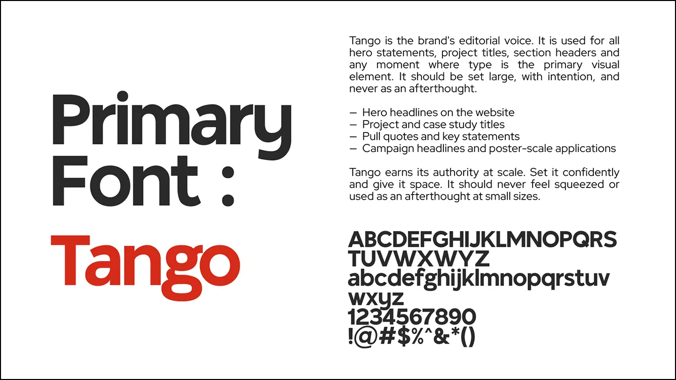 Specimen of Tango font showing uppercase, lowercase, numbers, symbols, and usage guidelines.