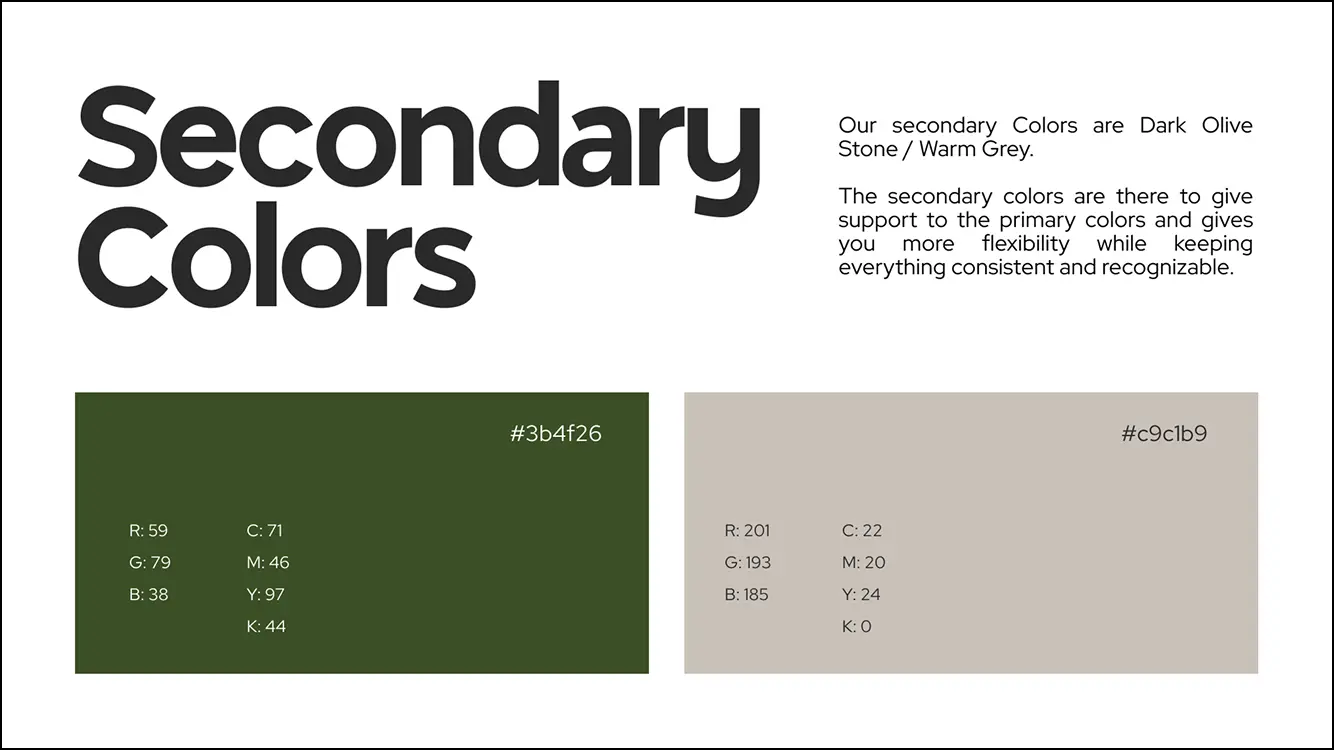 Secondary colors shown as dark olive stone (#3b4f26) and warm grey (#c9c1b9) with color codes.