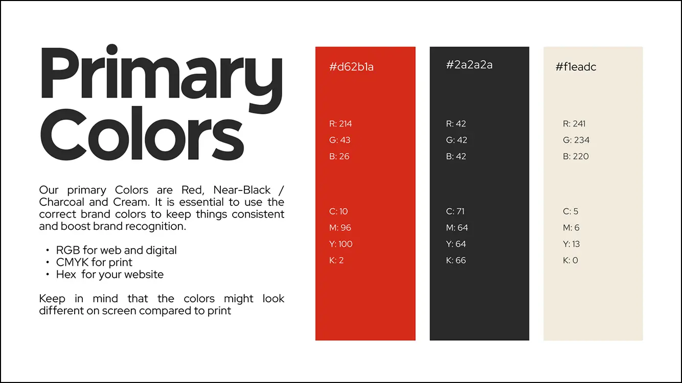 Brand primary colors: red, near-black charcoal, and cream with RGB, CMYK, and Hex values.