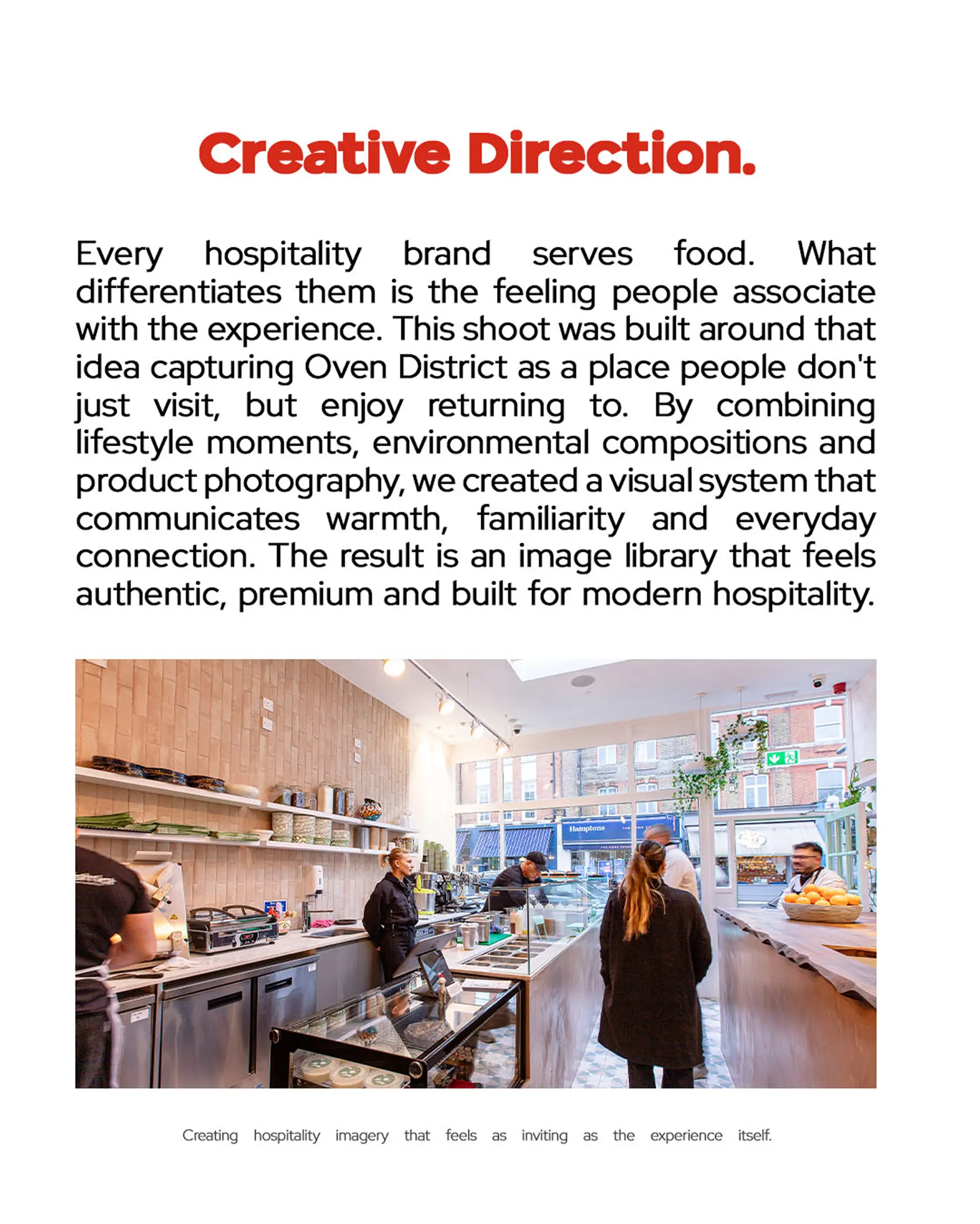 Text about creative direction in hospitality with a café scene showing staff and customers in a bright space.
