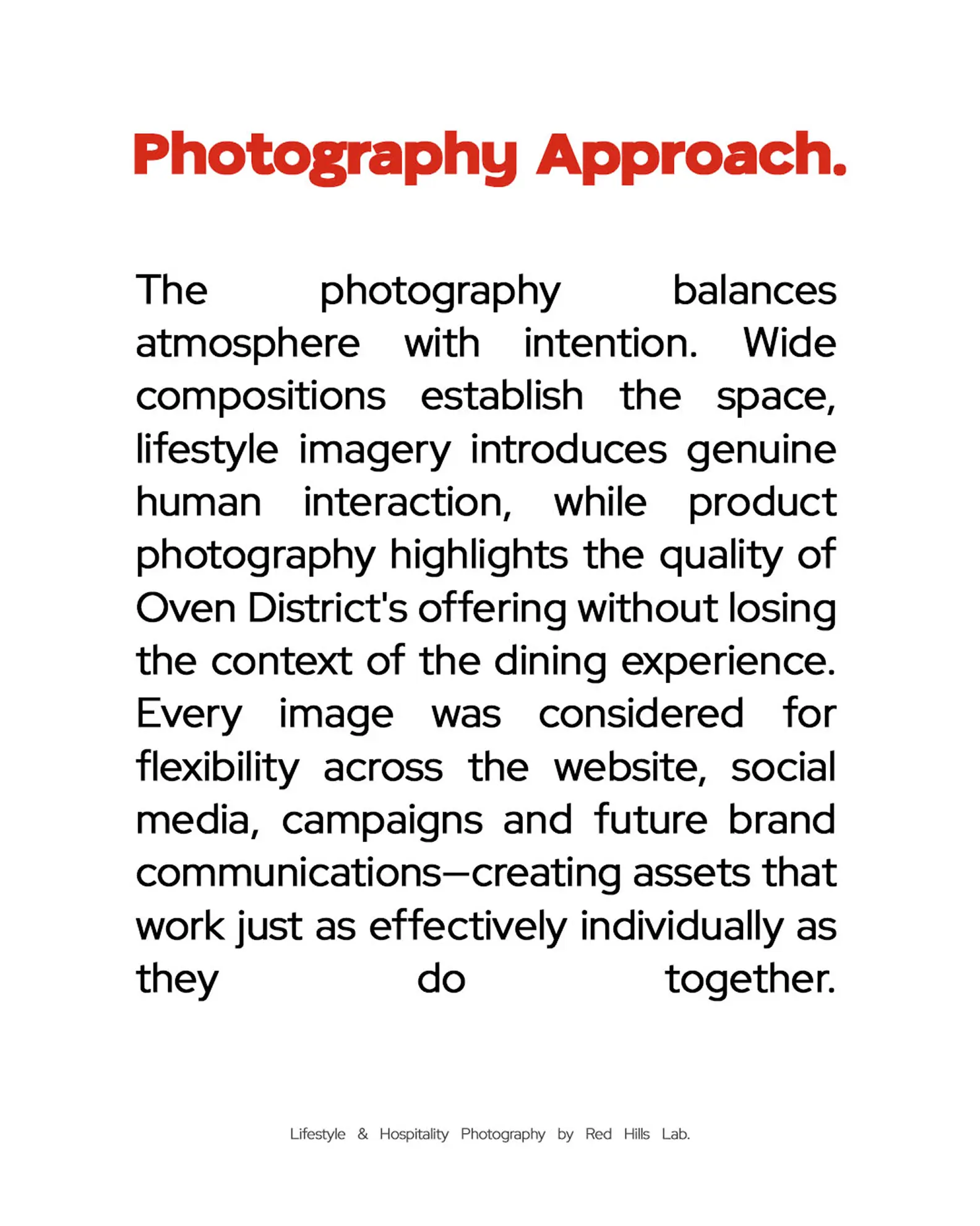 Text about photography approach highlighting balance of atmosphere, lifestyle, product, and brand flexibility.