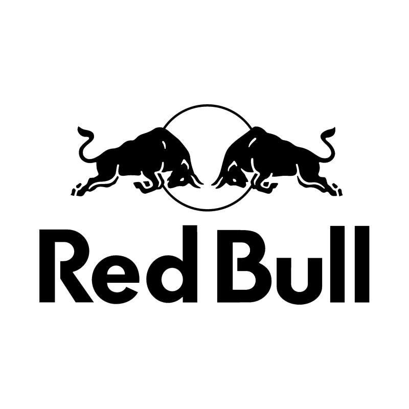 Black Red Bull logo with two bulls charging at each other in front of a circle.