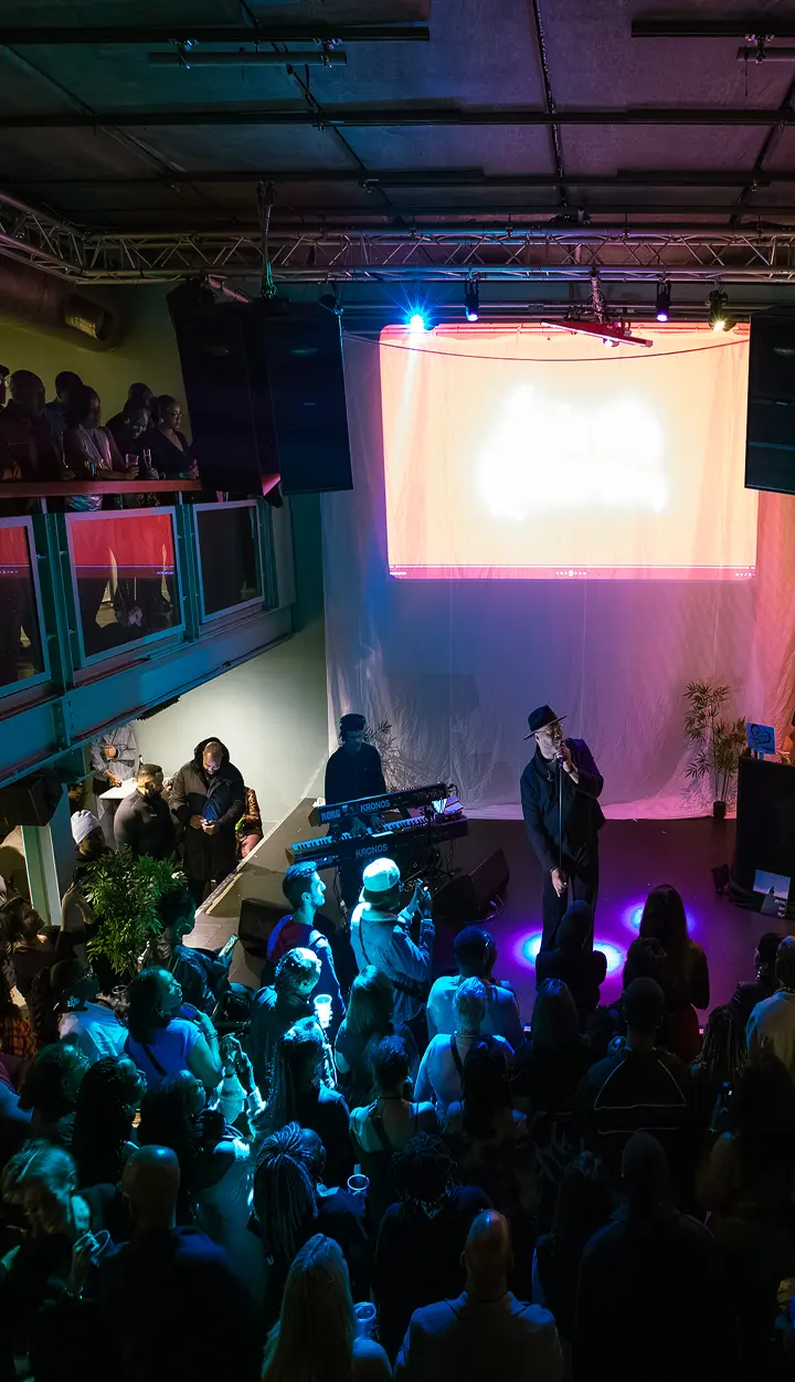Crowd watching a singer perform on stage under colorful lights in a dark indoor venue.