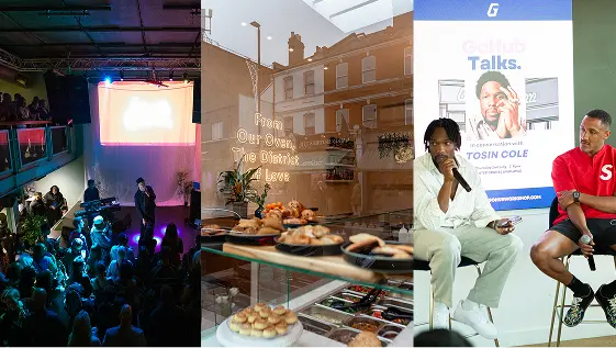 Three images: crowd at concert with blue light, bakery display with pastries, two men speaking on stage.