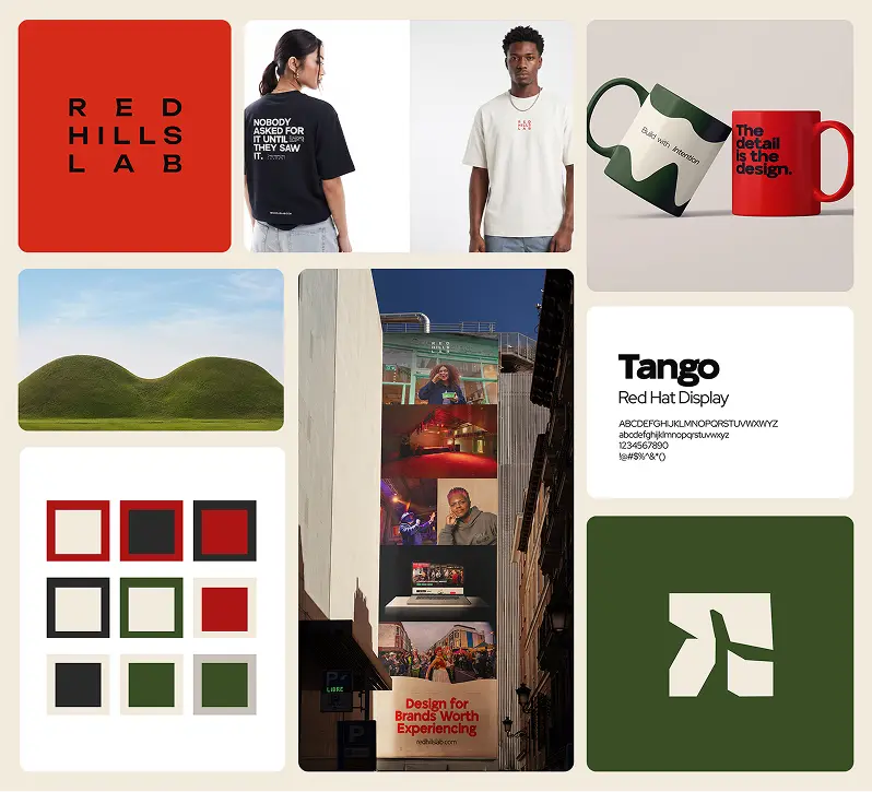 Collage showing Red Hills Lab logo, apparel, mugs, color palette, typeface, mural, and abstract logo on green background.