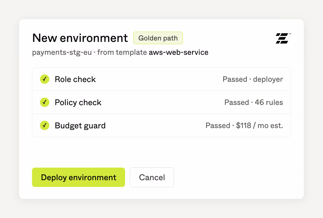 Self-service environment creation passing role, policy and budget checks in env zero