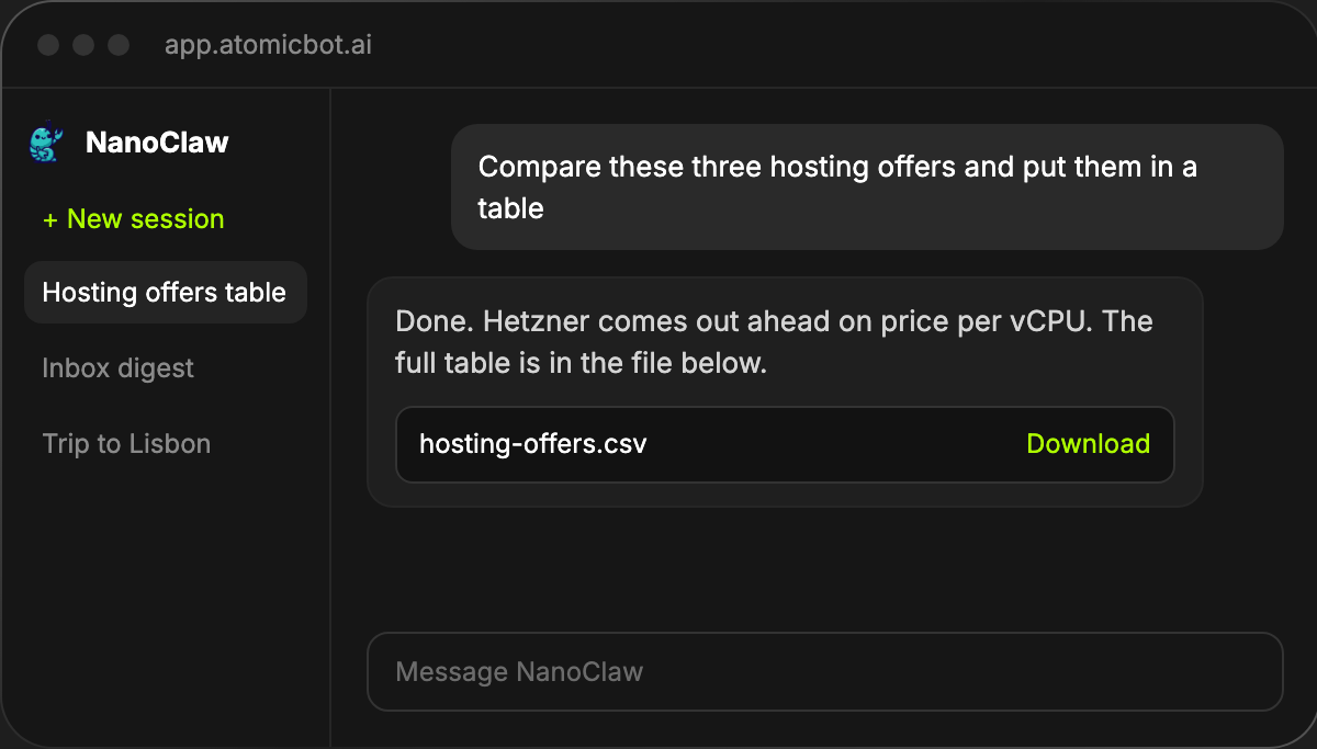 NanoClaw web chat in the browser with sessions and a downloadable file