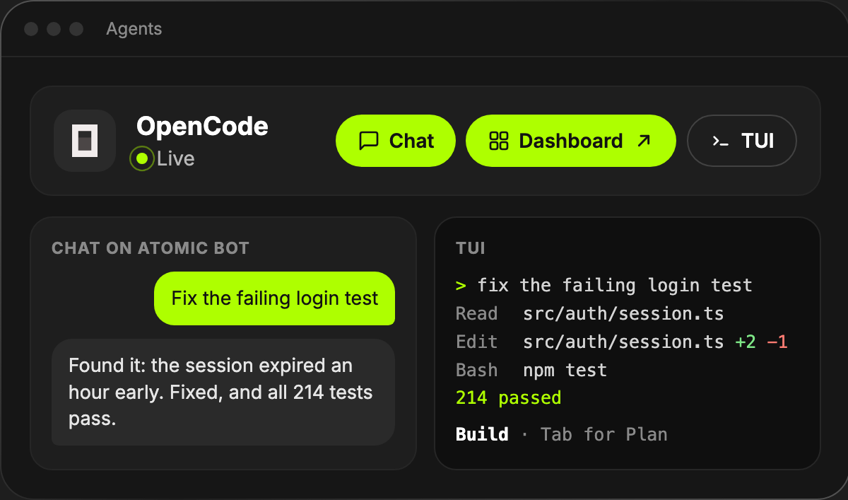 OpenCode agent card on Atomic Bot with Chat, Dashboard and TUI buttons, the same task in the chat and in the TUI