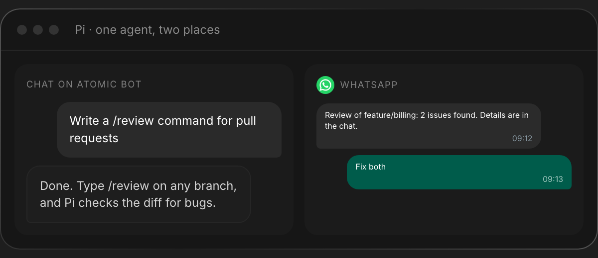 Pi on Atomic Bot: the same agent in the chat on Atomic Bot and in WhatsApp
