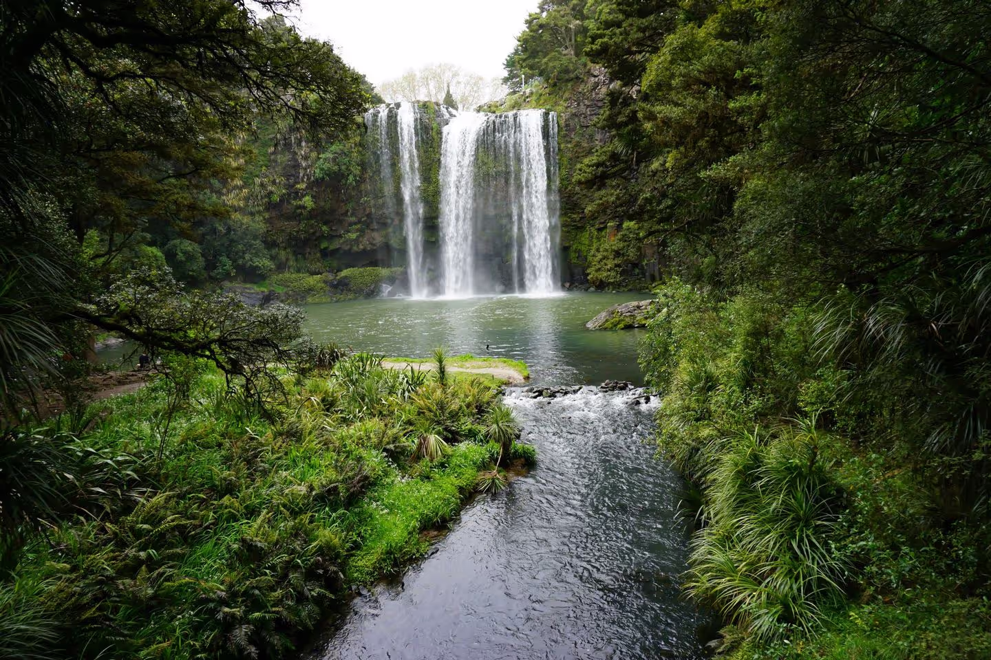 A stunning waterfall cascades into a serene pond, surrounded by lush greenery and tall trees, creating a tranquil natural scene.