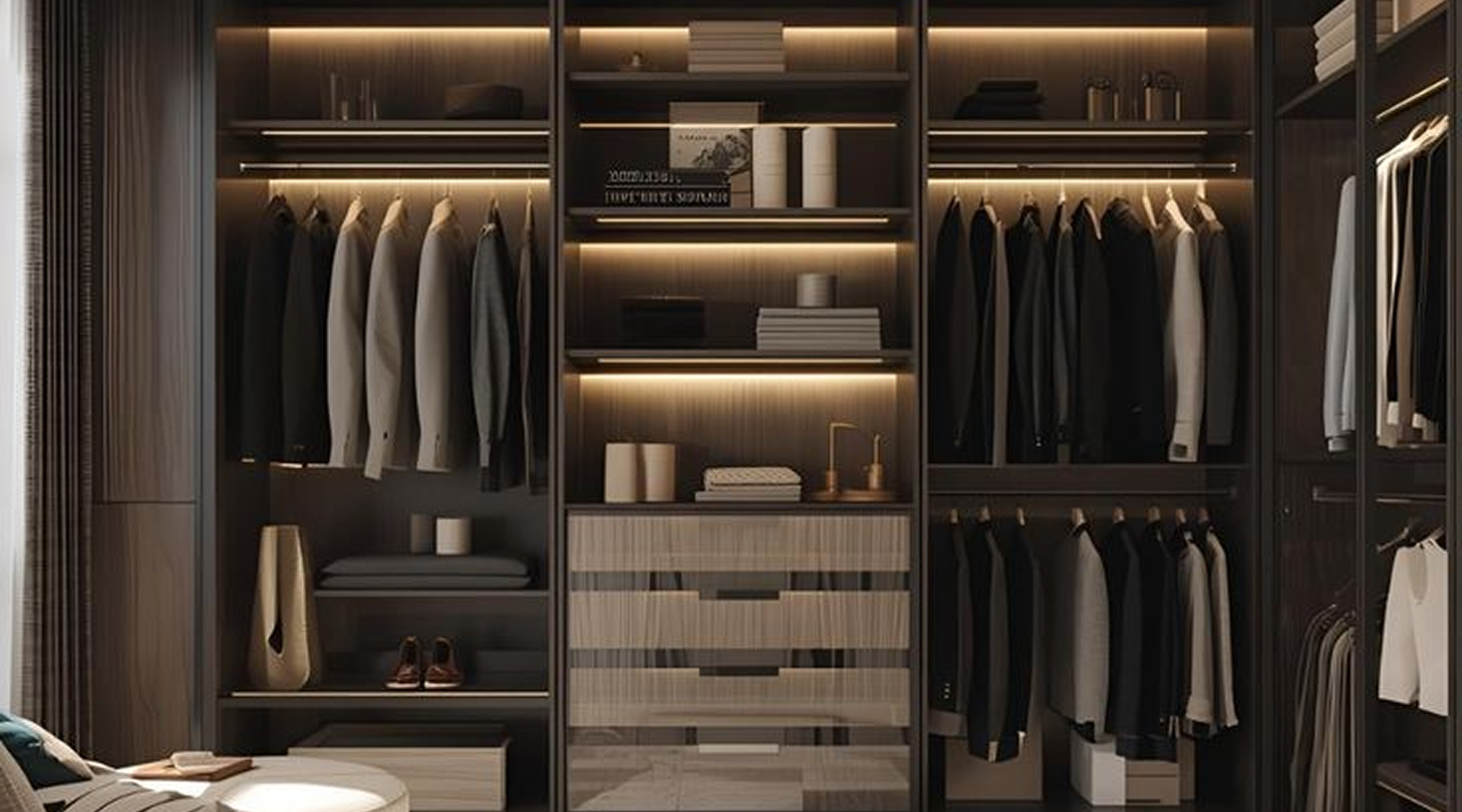 Modern walk-in wardrobe with dark wood shelves, hanging jackets, folded clothes, drawers, and warm recessed lighting.