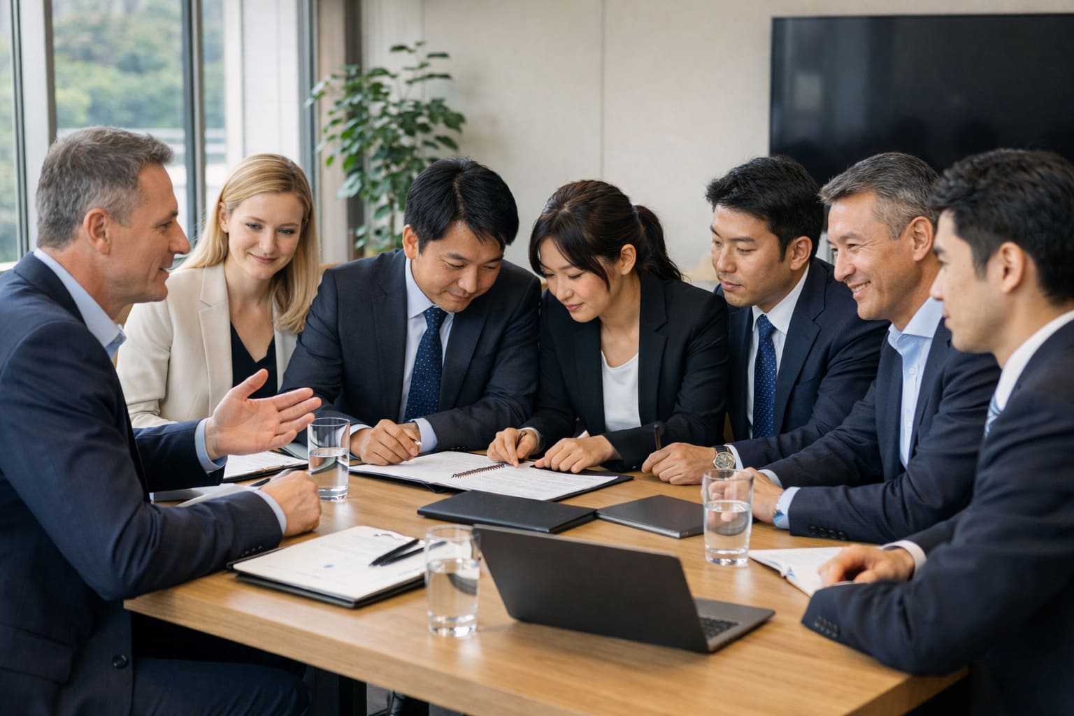 Gruppe von Japaner und Deutschen sitzen am Tisch und sagen Ja
