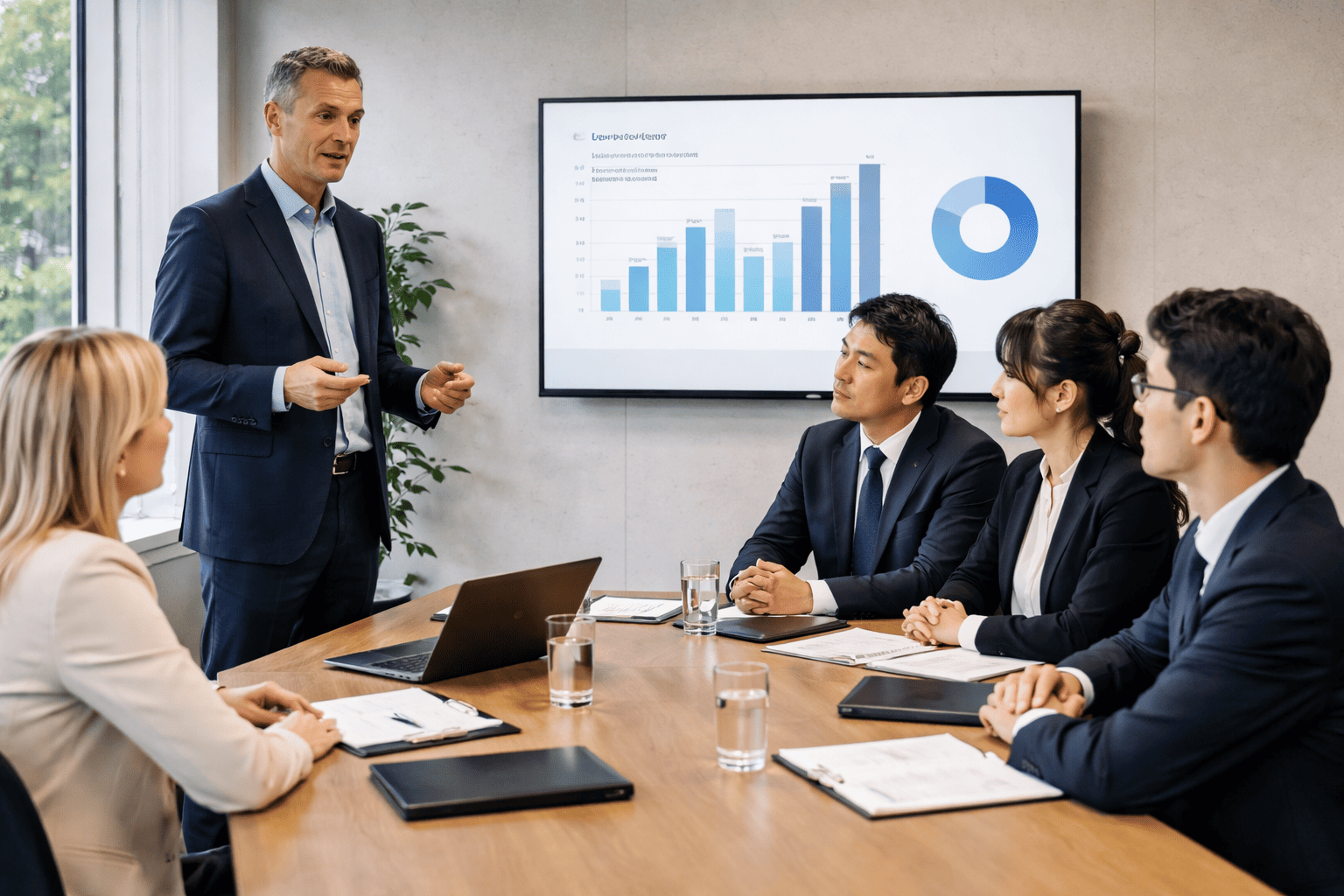 Eine Gruppe japanischer Geschäftsleute sitzt am Tisch, während ein Mann präsentiert