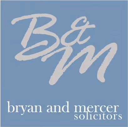 Logo with 'B&M' in large script above 'bryan and mercer solicitors' on blue background.
