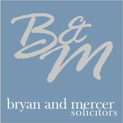Logo with 'B&M' in large script above 'bryan and mercer solicitors' on blue background.