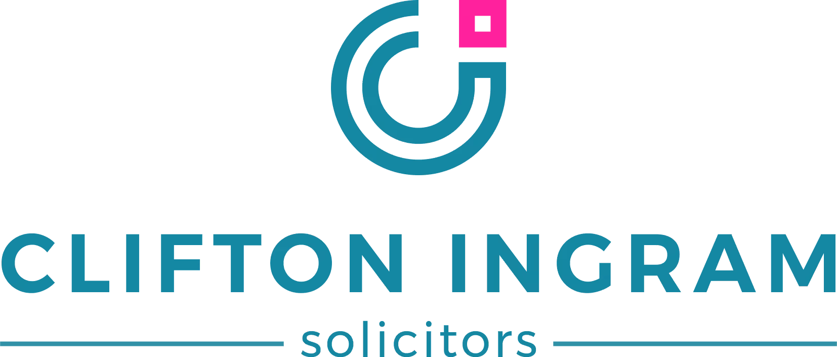 Clifton Ingram Solicitors logo with teal circular design and pink square accent above text.