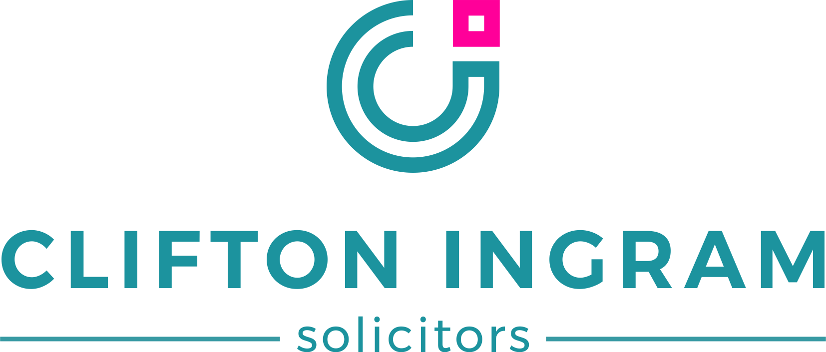 Clifton Ingram Solicitors logo with teal circular design and pink square accent above text.